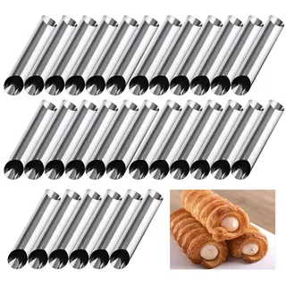 JasCherry 30 Stück Croissant Form Backen, Cannoli Backform Set Schaumrollenform Cream Horn Formen Set Hörnchen Backform Horn Gerade Röhrchen Edelstahl Schraube Cannoli Form Tubes Cream Roll Mold