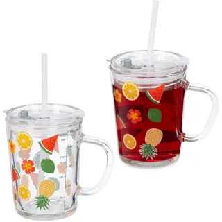 Relaxdays 2er Set, Früchte-Motiv, Trinkglas Kinder, Henkel, Deckel & Strohhalm, 400 ml Skala, transparent