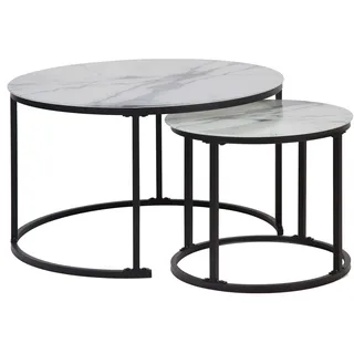2er-Set Couchtisch - weiß-schwarze Marmoroptik - Gestell schwarz