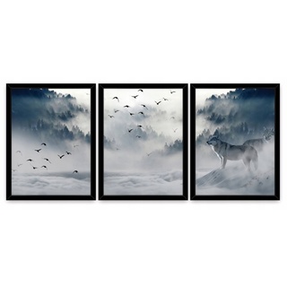 Wallarena Poster Set Mit Rahmen 3 Teilig Kunstdruck 3er Bilder Wandbilder Wohnzimmer, Wolf in Nebelwald (3er, 3 St), SET 30x40 cm x 3 Wandbild blau