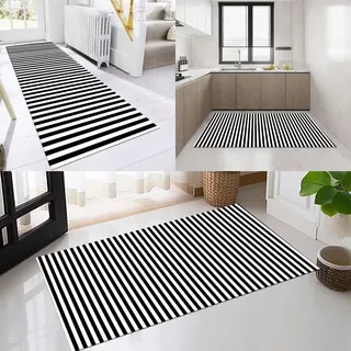 AAKSUS Läufer Flur Küche Waschbar rutschfest 100x200cm Modern Gestreift Schwarz Weiß Lang Küchenteppich Flurteppich Teppich Fur Korridor Wohnzimmer Schlafzimmer Meterware Anpassbar