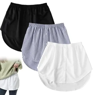 Blusenrock Hemdverlängerung Damen ,3 Stück Blusenverlängerung Set,Bluse Rrock Verlängerung Verlängerter Unterrock mit Knöpfen für T-Shirts,Pullover und Hemden (Schwarz, Weiß, Blau-Weiß Gestreift) - Einheitsgröße