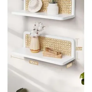 Boho-wandregal-set (2er-set) Aus Weißem Rattan, Moderne Rustikale Wanddekoration Aus Holz, Wandregale Zur Aufbewahrung Für Wohnzimmer, Kinderzimmer, Schlafzimmer
