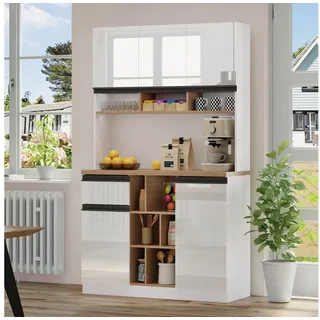 Flieks Küchenbuffet mit verstellbare Ablagen Hochschrank Hochglanz (1-St., B105/T45/H185 cm) Küchenschrank Geschirrschrank mit Schubladen und Stauraum weiß weiß