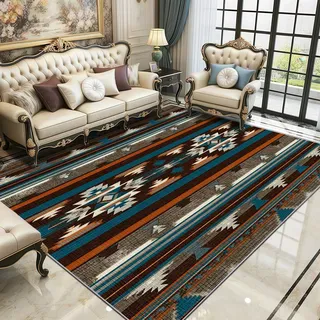 TerroVee Navajo Teppich 200x200 cm, Indianisch Südwest Tribal Waschbarer Teppiche Wohnzimmer, Azteken Ethnisch Rustikal Rutschfest Antirutsch Groß Teppiche Für Esszimmer, Quadratisch, Marineblau Braun