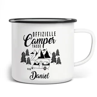FunTasstic Emaille Tasse Unisex - Personalisierter Trinkbecher für Camping - Becher Mit Camping-Motiv - Campertasse Mit Namen - Weiß Bedruckt für Abenteurer