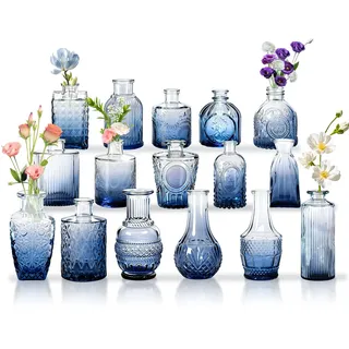 NAIZY Kleine Vasen für Tischdeko 32er Set Glasvase mit Geschnitzten Vintage Mini Blumenvase Vase Glas Mehrere Größen für Hochzeiten, Zuhause und Hause Deko, Blau
