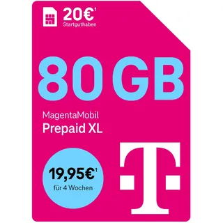 Telekom MagentaMobil Prepaid XL 80 GB+Allnet Flat, unverbr. GB weiternutzen | 5G/LTE Max |20 EUR Startguthaben|EU Roaming & Hotspot Flat|unverbrauchtes Datenvolumen im nächsten Monat weiternutzen | 80 GB
