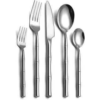 Geschirr 30-teiliges Bambus-Griff Besteck-Set Edelstahl Steakmesser Gabel Set Servieren 6 Personen Geschirrspüler verfügbar Tafelservice (Farbe: 30 Stück Silber)