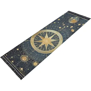 Schlafzimmerläufer, maschinenwaschbar, rutschfest, Bauernhausbereich, Teppich, Quasten-Teppich, Läufer für Badezimmer, Schlafzimmer, Heimdekoration, Blau und Gold, Tarot-Astrologie