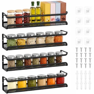 Zocipro 4er-Set Platzsparendes Gewürzregal Wand – 2 Klebe- & Schrauboptionen, Organizer für Küchenschrank & Speisekammertür – Metall, Schwarz
