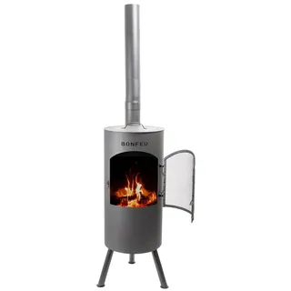 BonFeu BonTino LP Schwarz - Terrassenofen - Feuerstelle mit Funkenschutz für entspannte Abende - Feuersäule Outdoor - Terrassenkamin mit Grillrost - Gartenofen hochwertigem Cortenstahl - 35x35x153cm