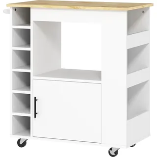 Küchenwagen, Rollbare Kücheninsel, Küchen-Trolley mit Fächern, Weinregalen, Schrank und Arbeitsfläche, Weiß