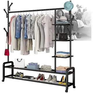 FGHUF Schwerlast Metall Kleiderständer Auf Rollen 4-lagiges Lagerregal Mobiler Garderobenständer Mit 1 Kleiderstange Für Schlafzimmer Waschküche, 145 X 34 X 173cm