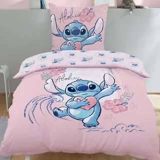 Familando Lilo und Stitch Schriftzug Baumwolle Rosa 135 x 200 cm + 80 x 80 cm