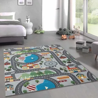 CARPETIA Kinderteppich Stadtlandschaft Straßen Grau 120x160 cm | Rutschfest, strapazierfähig, hautsympathisch und schadstofffrei, OEKO-TEX geprüft, für Fußbodenheizung & Kinderzimmer