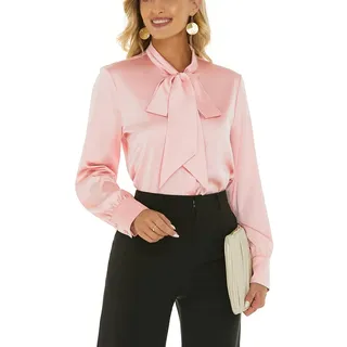 Anna&Chris Escalier Damen Seidenbluse Fliege Hals Langarm Satin Knopfleiste Hemd Casual Büro Bluse Top, Rose, Mittel - M