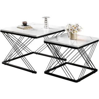 OKWISH Quadratisches Couchtisch Set 45x45x40 und 60x60x45 cm Hochglanz Marmoroptik Sofatisch Beistelltisch Modern Wohnzimmer Weiß