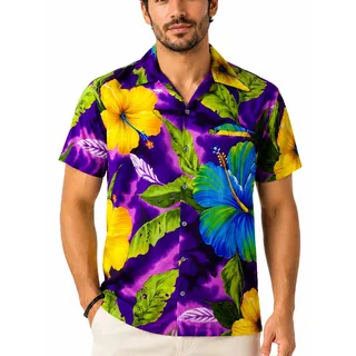 King Kameha Funky Hawaii-Hemd Herren Kurzarm Front-Tasche Stylish Tropisch Große Blumen Blätter Unisex - XL