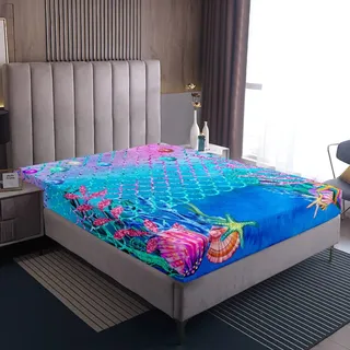 Kawaii Bettwäsche 90 x 200 Glitzer Meerjungfrau Skala ausgestattet Bettlaken für Kinder Mädchen Pastell Lila Blaugrün bunt Perlen Seetang Seestern Schlafzimmer nautische Meerestiere kein Kissenbezug