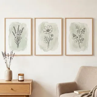 CULASIGN 3er Abstrakte Botanische Poster Set, Aquarell Minimalistische Salbeigrün Pflanzen Leinwandbilder, OHNE Rahmen Wandbilder für Wohnzimmer (30 x 40 cm)