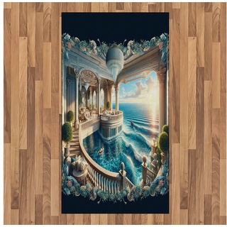 Teppich Flachgewebe Deko-Teppiche für das Wohn-,Schlaf-, und Essenszimmer, Abakuhaus, rechteckig, Fantasiewelt Balkon zum Meer blau
