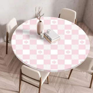 Mateju Outdoor-Tischdecke Rund und Wasserdicht, Gartentischdecke mit Gummizug, Runde Tischdecken, Abwaschbare, Elastische Tischdecke im Rosa Kariert für Balkon Garten (Rosa Blumenkaro,80cm)