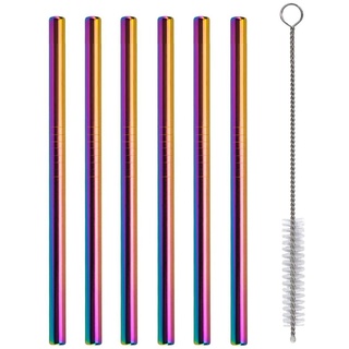 Wiederverwendbare Edelstahl Strohhalme Regenbogen - 15cm Kurze Metall Trinkhalme - extra breit - 6er Set + Reinigungsbürste
