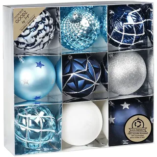 9 Weihnachtskugeln 10cm Kunststoff Muster Glitzer Mix Christbaumkugeln Set Blau