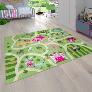 Kinderteppich PACO HOME "Bino 560" Teppiche Gr. B/L: 160 cm x 220 cm, 4 mm, 1 St., grün Kinder Kinderzimmerteppiche Kurzflor, Straßen-Spiel-Teppich, Motiv Bauernhof, Kinderzimmer