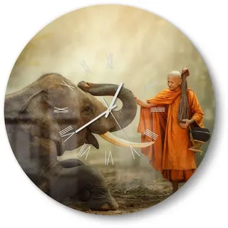 DEQORI Wanduhr 'Buddhist berührt Elefant' (Glas Glasuhr modern Wand Uhr Design Küchenuhr) grau|orange 50 cm x 50 cm