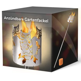 Gartenfackel für draußen Motiv Eule 1x Brennelement - Holzspäne mit Wachs - Schwedenfackel Pelletfackel Feuersäule Flammschalen Wachsfackel Gartenleuchte
