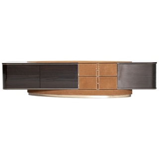 Casa Padrino Luxus TV Schrank Hellbraun / Dunkelbraun / Grau / Gold 249 x 52,5 x H. 56 cm - Massivholz Sideboard mit 3 Türen und 2 Schubladen - Wohnzimmer Möbel - Luxus Möbel - Luxus Einrichtung