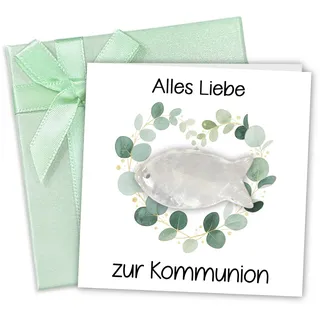 Kommunion Geschenk Junge – Kleine Erstkommunion Geschenke & Kommunionsgeschenk Junge mit Fisch aus Bergkristall als Edelstein Glücksbringer, Karte & Blaue Geschenkbox