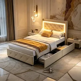Polsterbett 90x200 cm, LED Einzelbett mit Staufach-Kopfteil und USB-Anschlüssen, Jugendbett 90x200 mit 2 Schubladen, Gästebett Funktionsbett Stauraumbett Bettgestell mit Lattenrost, Samt