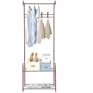HauTour Garderobenständer mit Schuhschrank Kleiderständer, Metallgarderoben 4 Haken Stabil Kleiderständer Höhe 165 cm Garderobenständer für Flur Wohnzimmer Schlafzimmer Braun