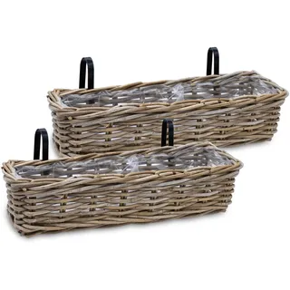 Spetebo Rattan Balkonkasten Natur 60 x 20 cm - 2er Set - Weide Pflanzkorb mit Halterung - Balkon Garten Blumenkasten Pflanztopf Blumenkorb zum Einhängen an Geländer