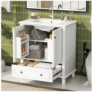 Celya Waschbeckenunterschrank 76x46x87cm Bodenstehender Badezimmerschrank mit Waschbeck (integriertes Keramikwaschbecken, weiß, feuchtigkeits- und wasserdicht, großer Stauraum) Waschtisch,Beine aus Massivholz, MDF-Material weiß
