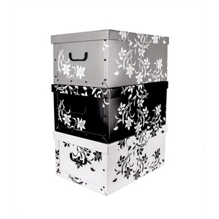 BigDean Aufbewahrungsbox XXL 3er Set je 45 Liter − mit Deckel & Griffen − aus stabiler Pappe − verschiedene Farben im Barock−Blumenmuster − perfekt für Ordnung im ganzen Haus
