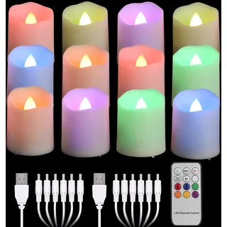 FREEPOWER 12er Wiederaufladbare LED Teelichter Farbwechsel mit Fernbedienung Timer Flackern Elektrische RGB Aufladbare Kerzen mit 2 USB-Kabel, Deko für Weihnachten Halloween Party Familie