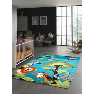 Kinderteppich Bunter Kinderzimmer-Teppich mit Waldtiere in Blau, TeppichHome24, rechteckig, Höhe: 11 mm blau|grün|orange|rot|weiß 200 cm x 290 cm x 11 mm