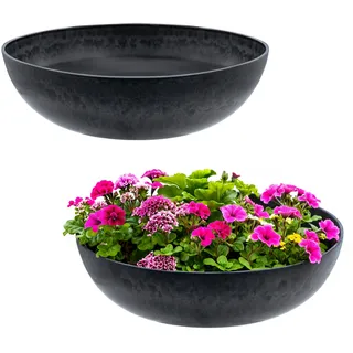 Spetebo Kunststoff Pflanzschale massiv Stein Optik 30 cm schwarz - 2er Set - Premium Blumenschale marmoriert für Außen und Innen - Garten Deko Blumentopf Pflanzgefäß Dekoschale Beton Industrial Look