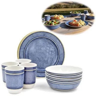 LS-LebenStil Camping-Geschirr Picknick-Set 12-teilig Maritim Blau Weiß 4 Personen Becher Teller Tasse Schale Mehrweggeschirr Camping Strand Wohnmobil - Blau/Weiß