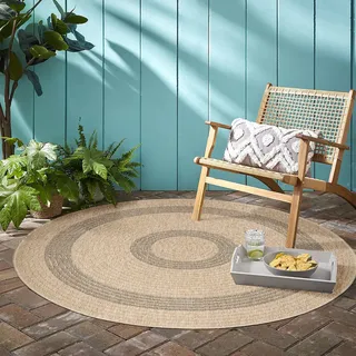 Teppium Outdoor Teppich Wetterfest 120 cm Rund Natur Sisal und Jute Optik - Küchenteppich Waschbar rutschfest, Wasserfest, Bordüre Design, Pflegeleicht - Ideal für Balkon, Terassen, Garten, Camping