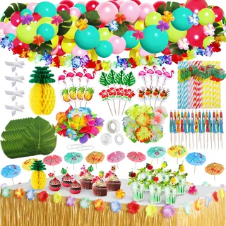 Frasheng 159 Stück Hawaii Party Dekoration Set,Hawaii Luau Tischröcke,Hawaiian Party,Hawaii Deko,Hawaii Kette Blumen Kuchendeckel Papier Strohhalme und 3D Frucht für Sommer Party Dekoration