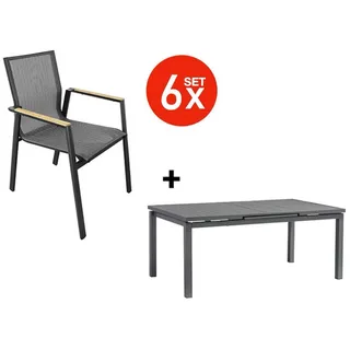 acamp Garten-Essgruppe 7-teiliges Stapelstuhl Set Vegas inkl. ausziehbarer Tisch Chicago, (Gartenmöbel Set), stapelbar, Sitzgruppe, Lounge-Set, Gartentisch 180 -240x110x70 cm grau