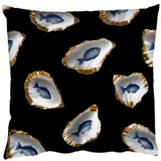 MuchoWow Dekokissen Austern - Fisch - Blau - Gold, Zierkissen mit Kissenfüllung, Deko, Sofakissen, 50x50 cm blau Quadratisch | 50 cm x 15 cm x 50 cm