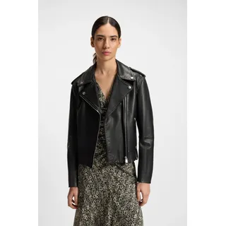 Boss Lederjacke BOSS ORANGE "Sandy Premium Damenmode", Damen, Gr. 42, schwarz (schwarz 001), Obermaterial: 100% Büffelleder, unifarben, Jacken, mit genarbter Struktur