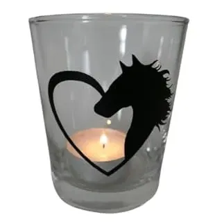 Teelicht Glas Windlicht Tischlicht Print schwarz mit Pferd im Herz Herbst Sommer Handmade Unikat Maritim Geburtstag Ostern Muttertaggeschenk, Höhe 9cm,