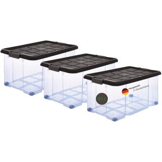 Novaliv 3x Aufbewahrungsboxen mit Deckel Rollen 80l 61x40x46 transparent Grau Anthrazit Kunststoffbox mit Deckel Stapelkiste Verstauboxen Spielzeugkisten Stapelbox